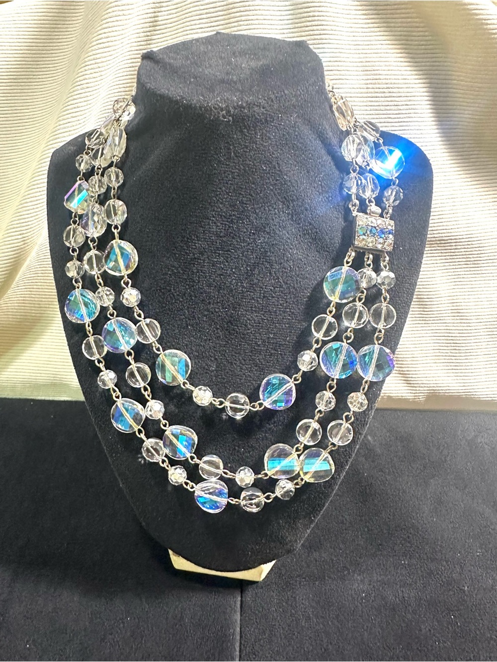 Vtg: 1950’s-60’s Triple Strand Glass Necklace w/ AB Crystal Push Lock Clasp